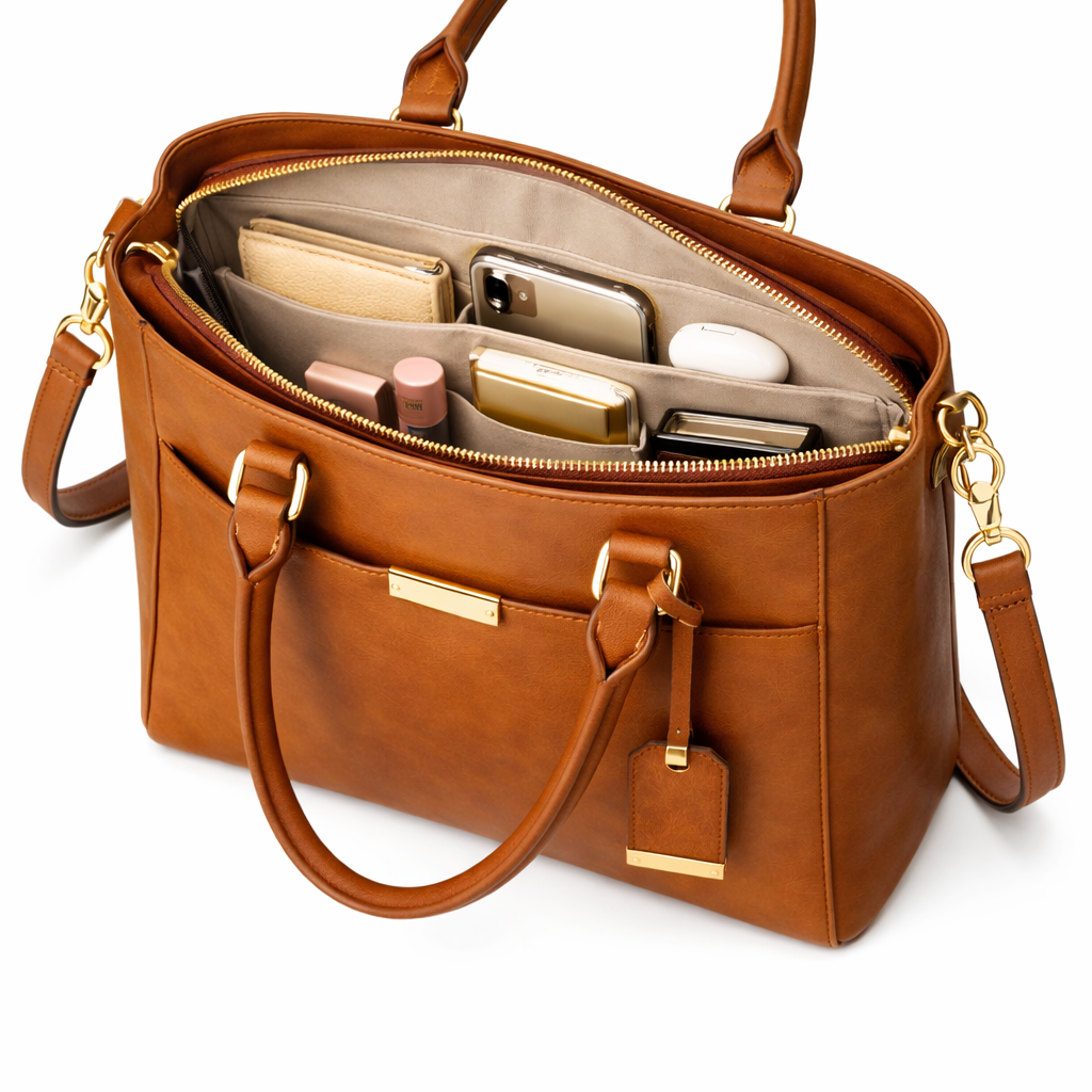 Glamour Posh Harper Tote Bag – Brown Leather Look Work Bag