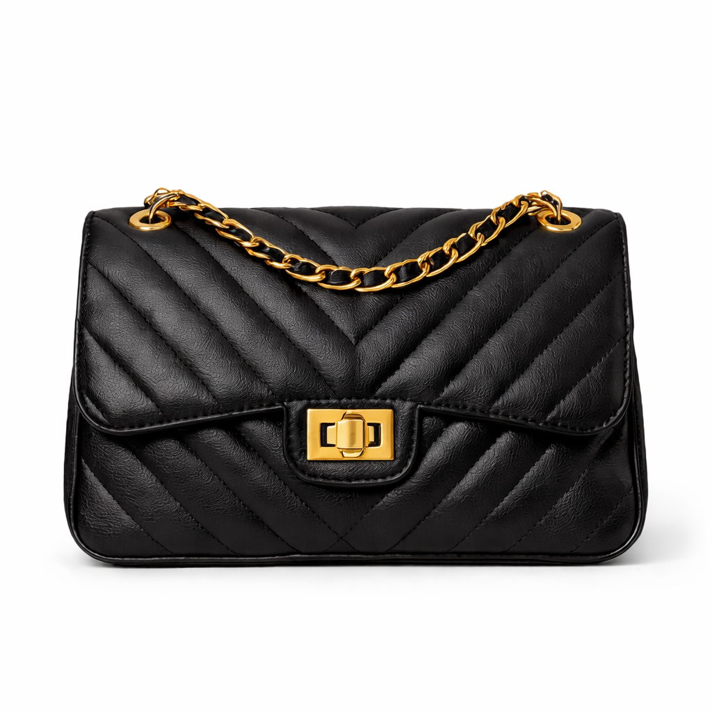 Glamour Posh Ava Quilted Shoulder Bag – Black Faux Leather, Gold Chain Strap