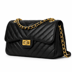 Glamour Posh Ava Quilted Shoulder Bag – Black Faux Leather, Gold Chain Strap