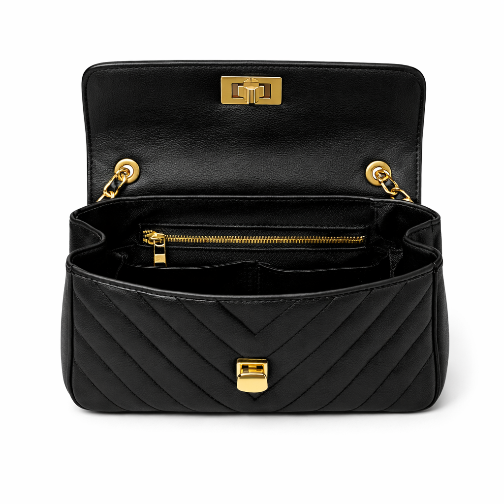 Glamour Posh Ava Quilted Shoulder Bag – Black Faux Leather, Gold Chain Strap