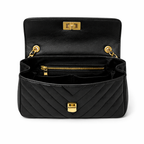 Glamour Posh Ava Quilted Shoulder Bag – Black Faux Leather, Gold Chain Strap