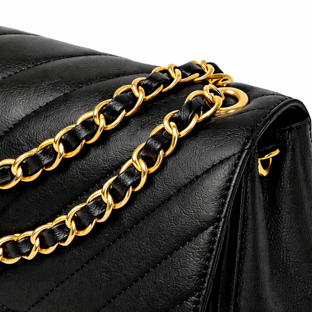 Glamour Posh Ava Quilted Shoulder Bag – Black Faux Leather, Gold Chain Strap